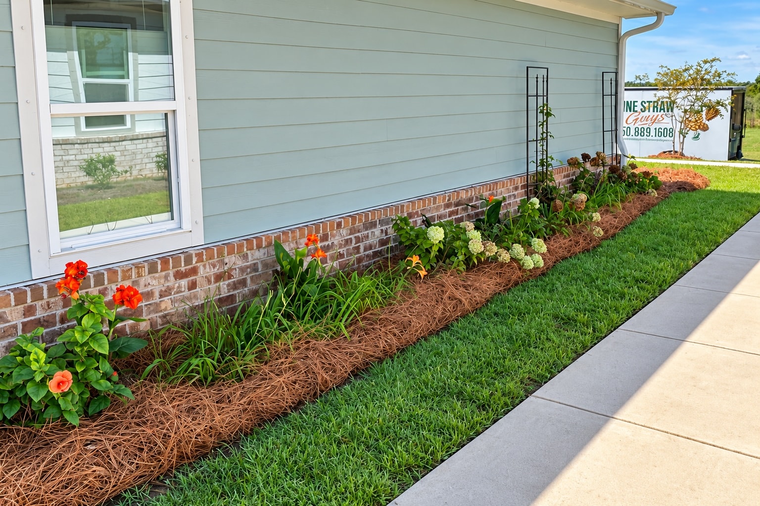 Longleaf pine straw ground cover in landscaping beds